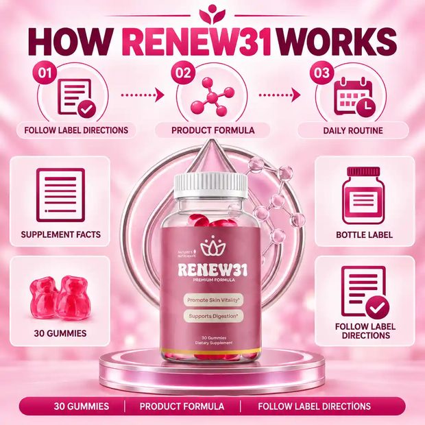 The seller's how it works panel, a numbered strip over a photograph of the Renew31 bottle