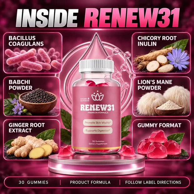 The seller's ingredient graphic, showing framed ingredient cards beside a photograph of the Renew31 bottle