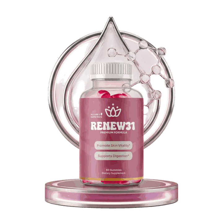 Renew31 bottle, 30 gummies, standing beside its Supplement Facts panel