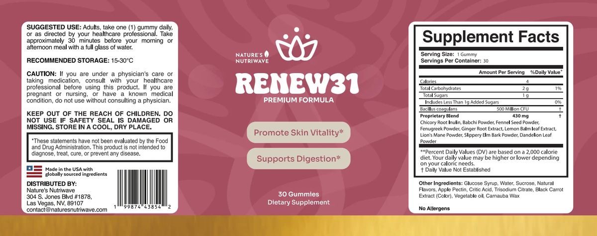 The Renew31 label unwrapped, showing the front panel, the Supplement Facts panel and the Other Ingredients and allergen lines
